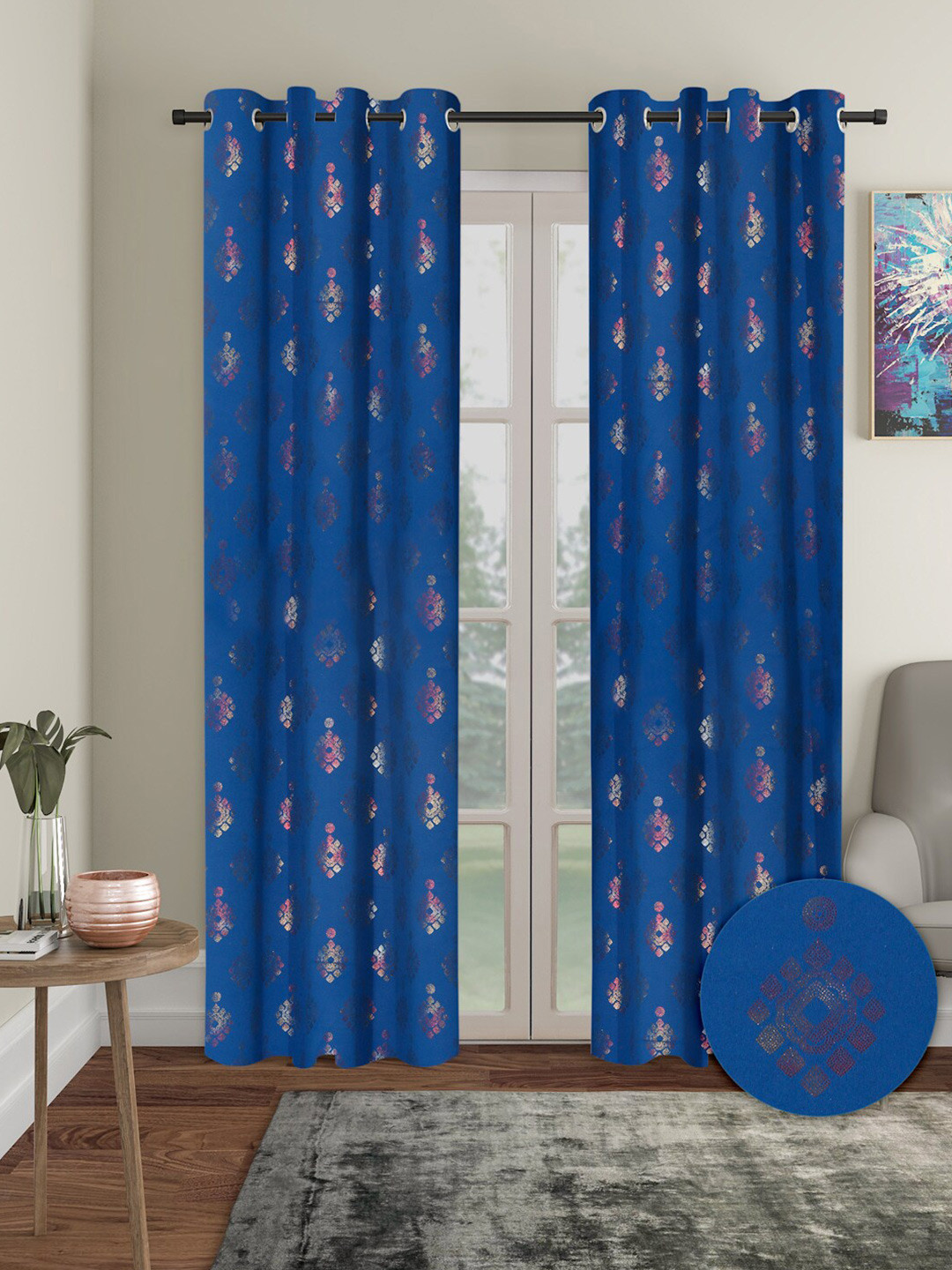 Aura Navy Blue 2 Pieces Ethnic Motifs Blackout Door Curtains