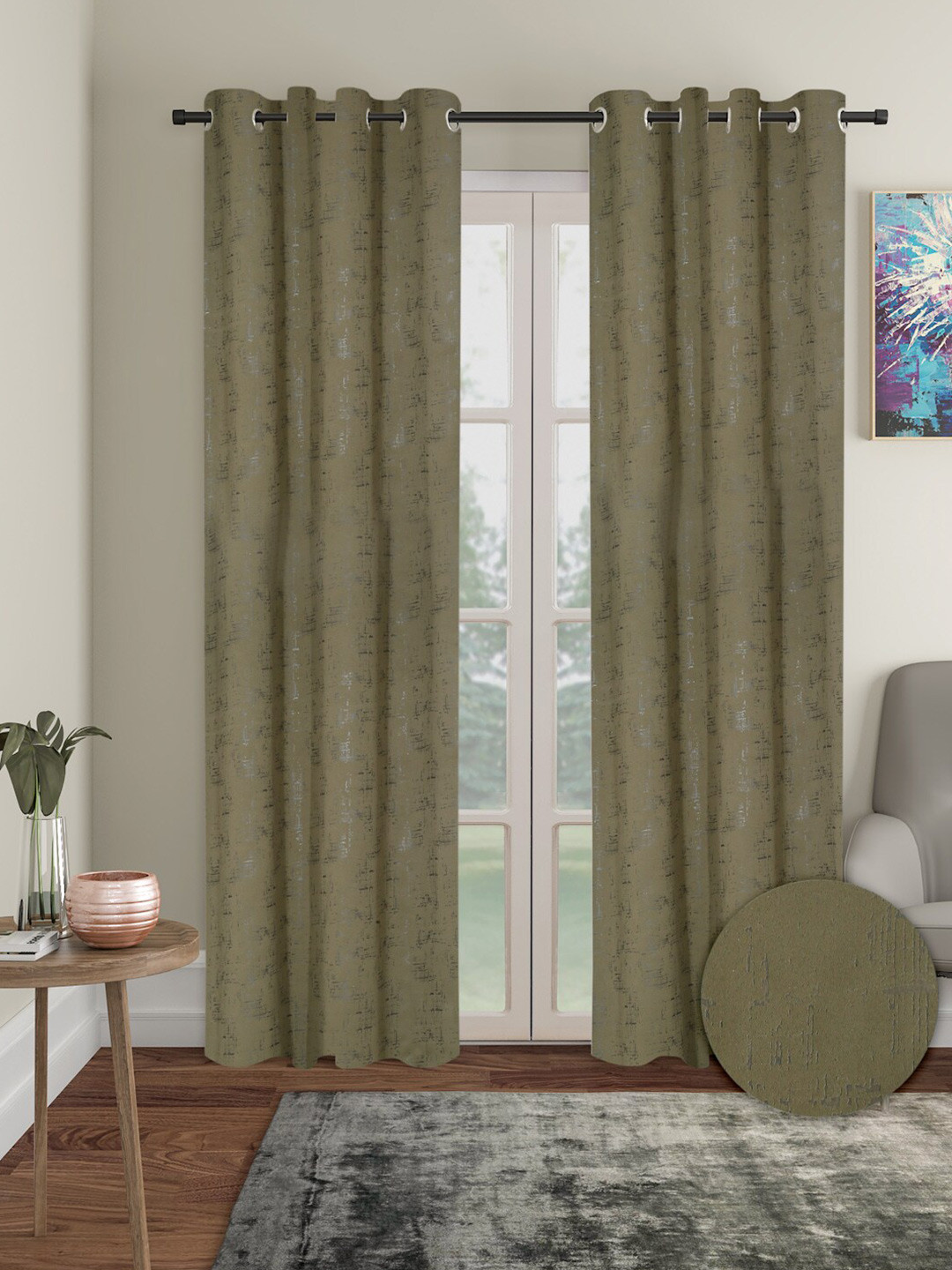 Aura Green 2 Pieces Polyester Solid Blackout Long Door Curtains