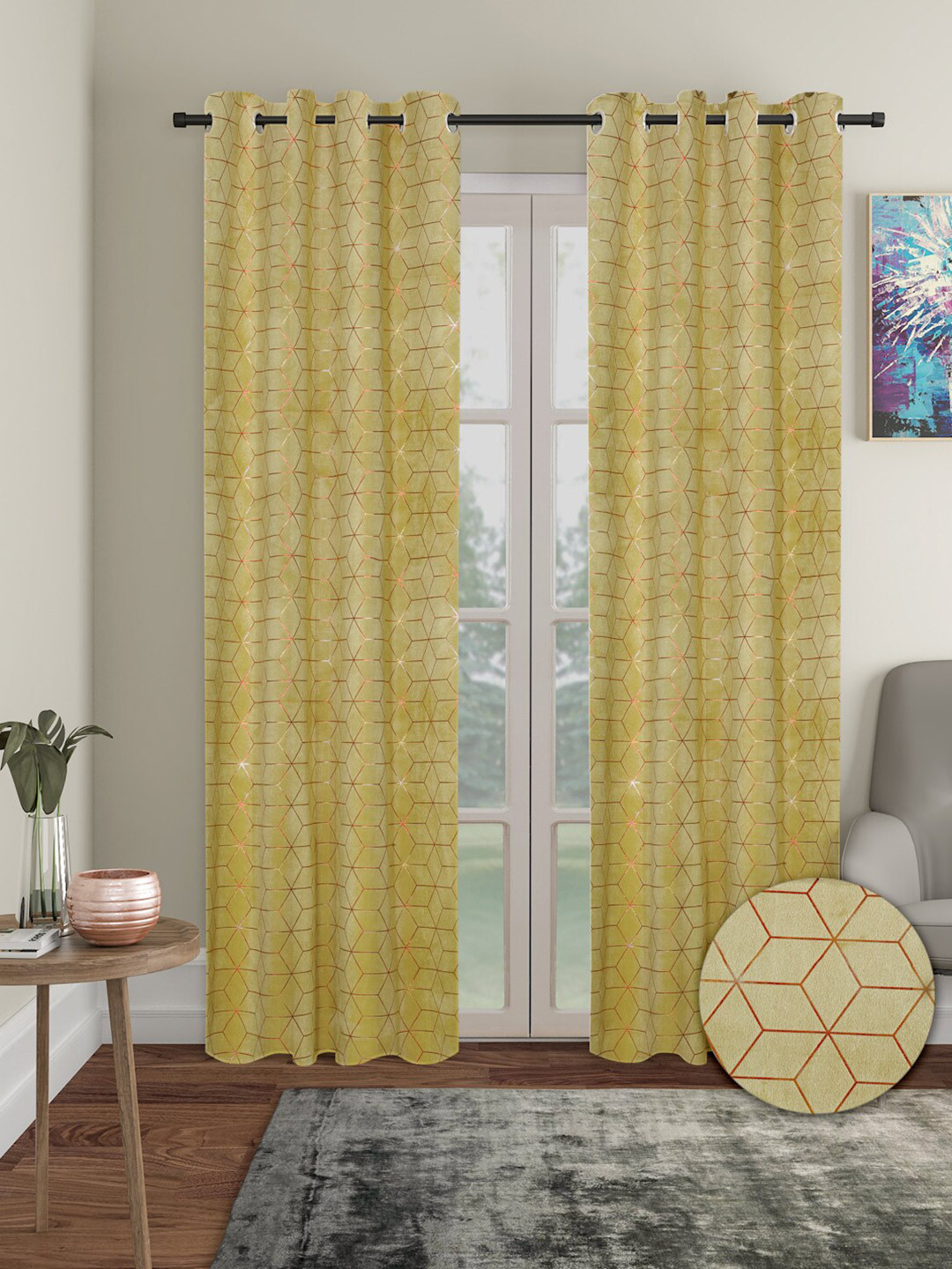 Aura Mustard & Red 2 Pieces Velvet Geometric Blackout Long Door Curtains
