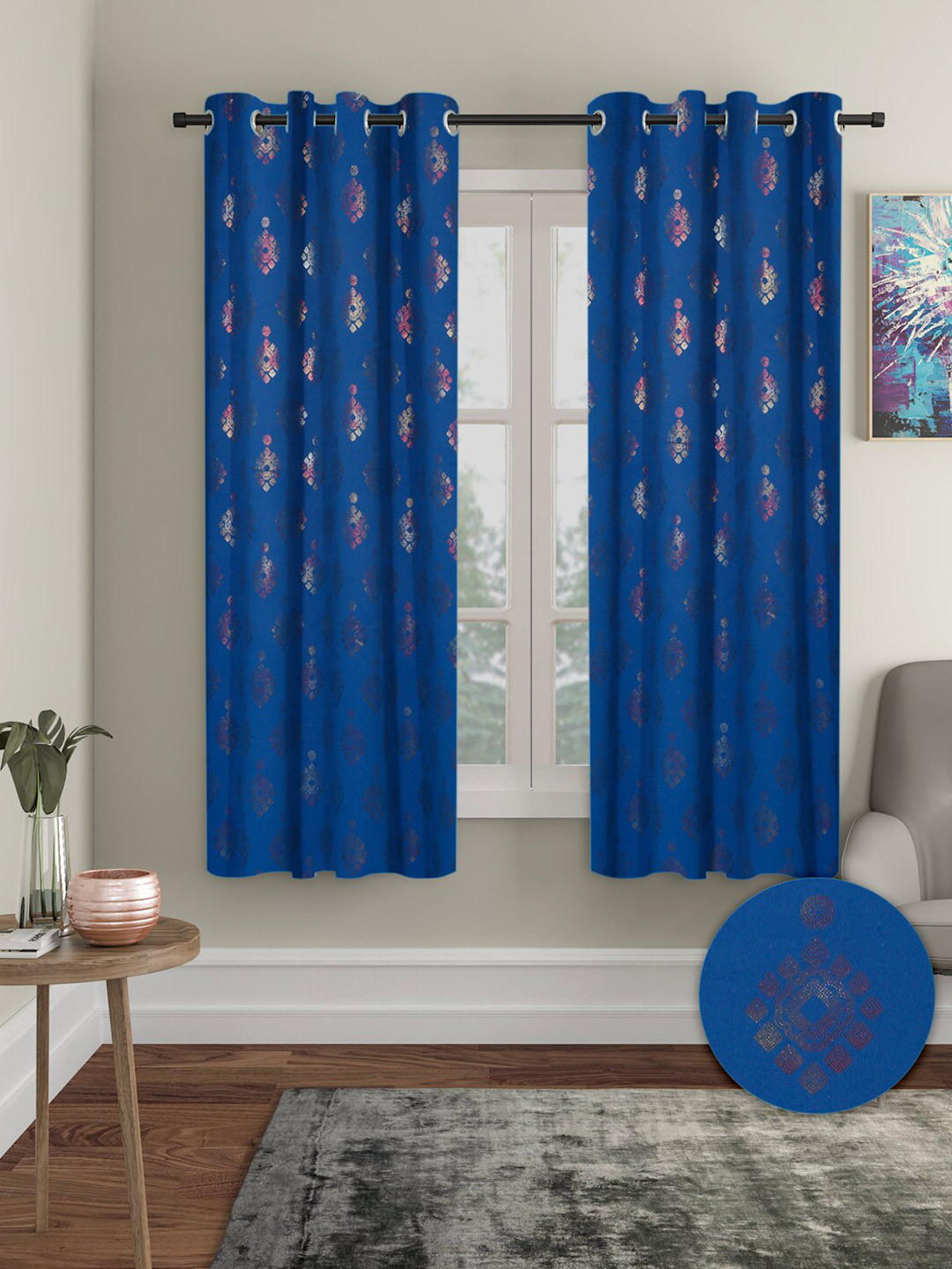 Aura Navy Blue & Gold-Toned 2 Pieces Ethnic Motifs Blackout Window Curtains