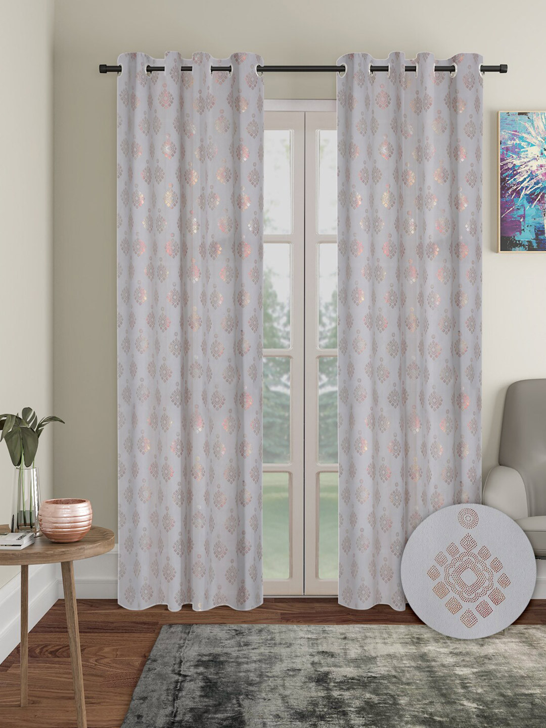 Aura Grey & Pink 2 Pieces Ethnic Motifs Blackout Long Door Curtains