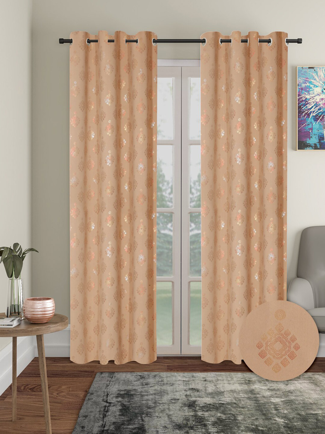 Aura Mustard & Pink 2 Pieces Ethnic Motifs Blackout Long Door Curtains