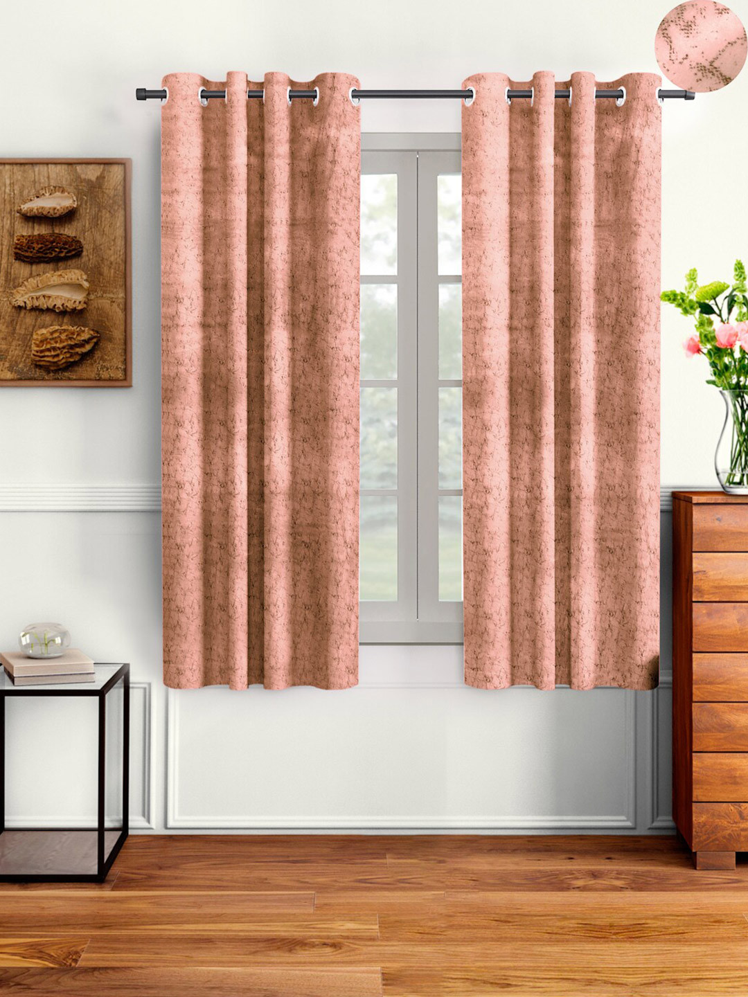 Aura Pink & Black 2 Pieces Velvet Solid Blackout Window Curtains