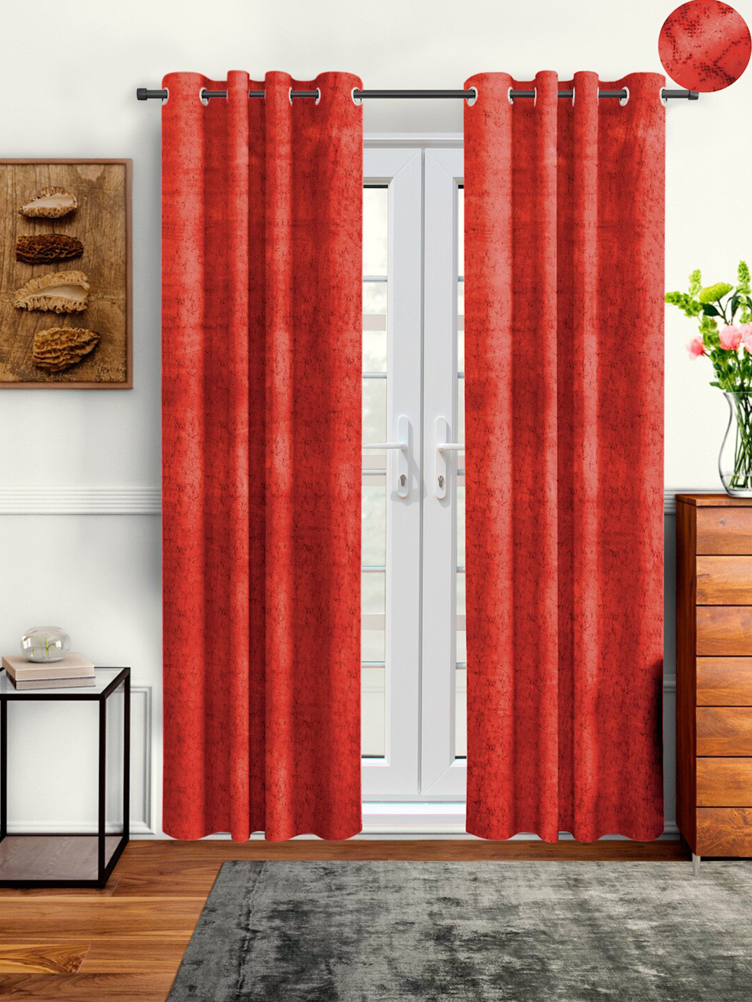 Aura Red 2 Pieces Velvet Solid Blackout Long Door Curtains