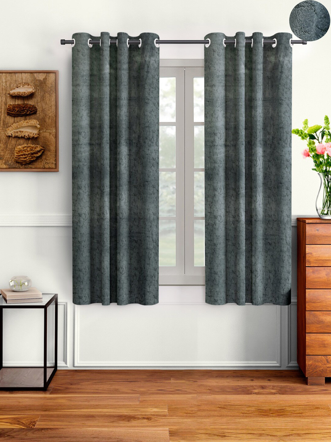 Aura Grey 2 Pieces Velvet Solid Blackout Window Curtains