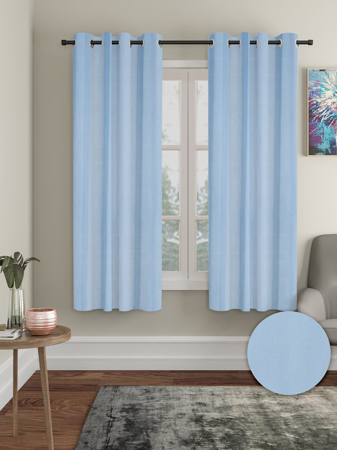 Aura Blue 2 Pieces Polyester Solid Blackout Window Curtains
