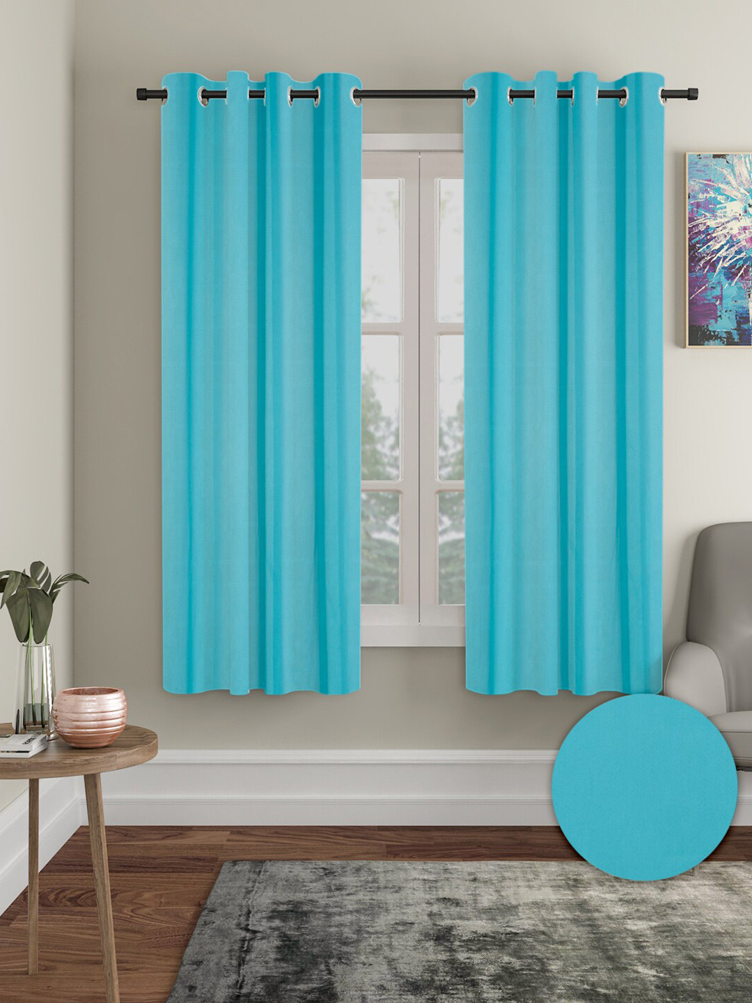 Aura Turquoise Blue 2 Pieces Polyester Solid Blackout Window Curtains