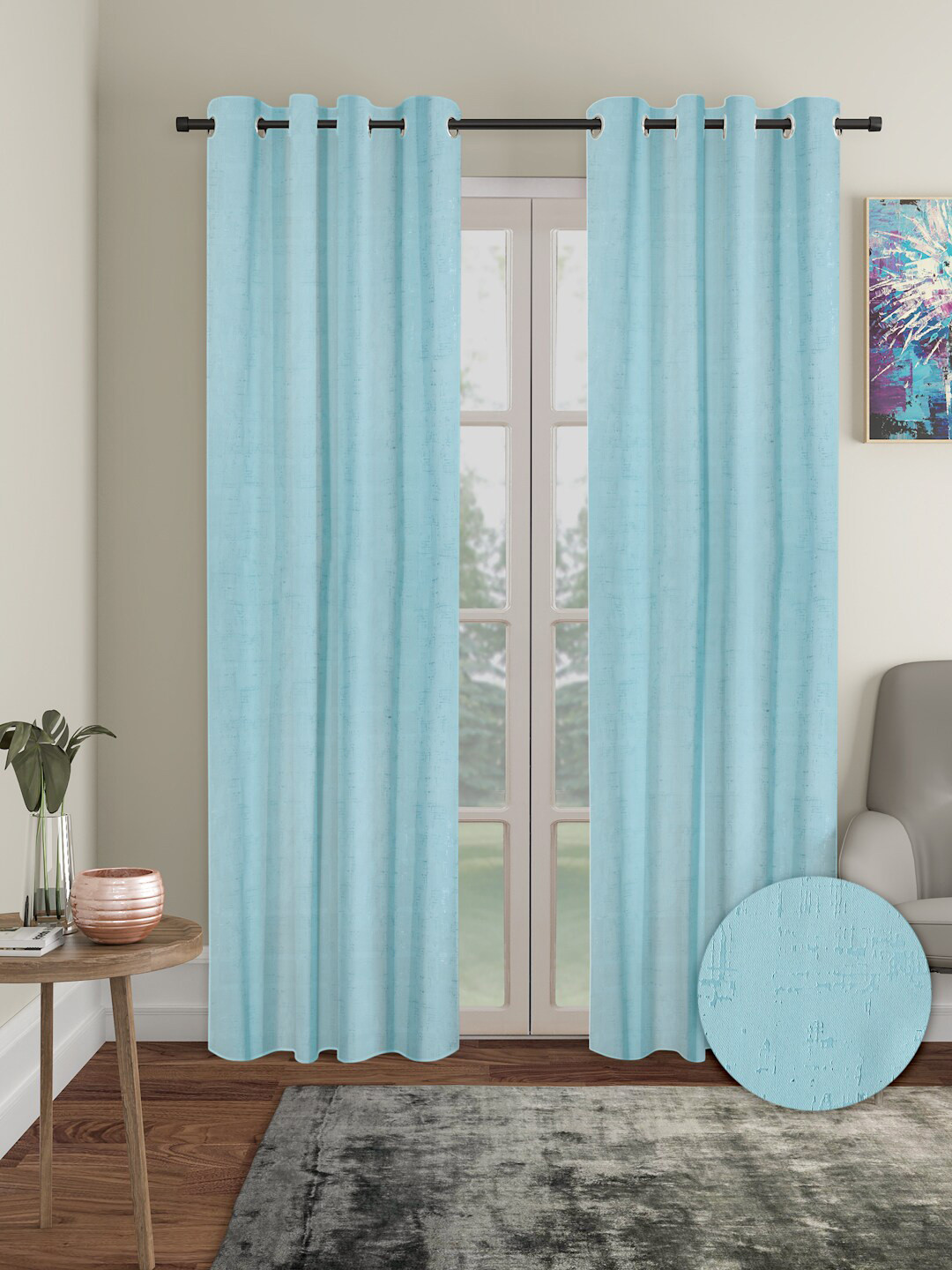 Aura Blue 2 Pieces Polyester Blackout Door Curtains