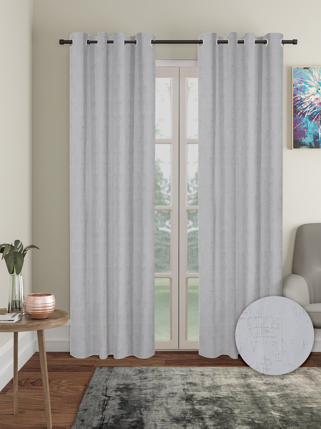 Aura White Self Design 2 Pcs Polyester Solid Blackout Long Door Curtains