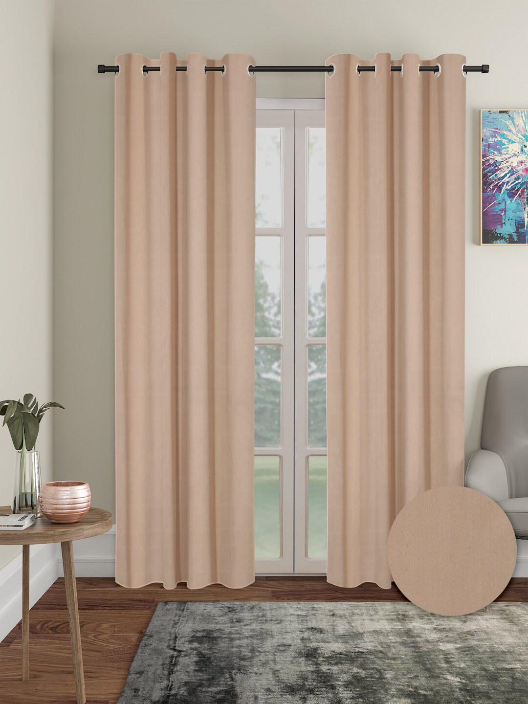 Aura Peach Coloured 2 Pieces Polyester Solid Blackout Long Door Curtains