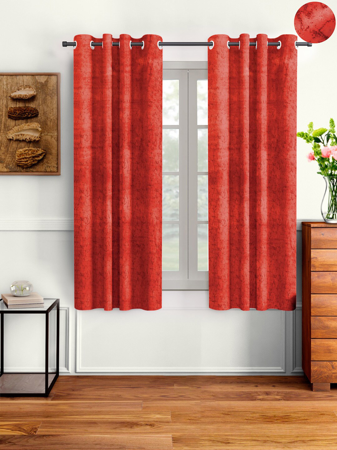 Aura Red 2 Pieces Velvet Solid Blackout Window Curtain