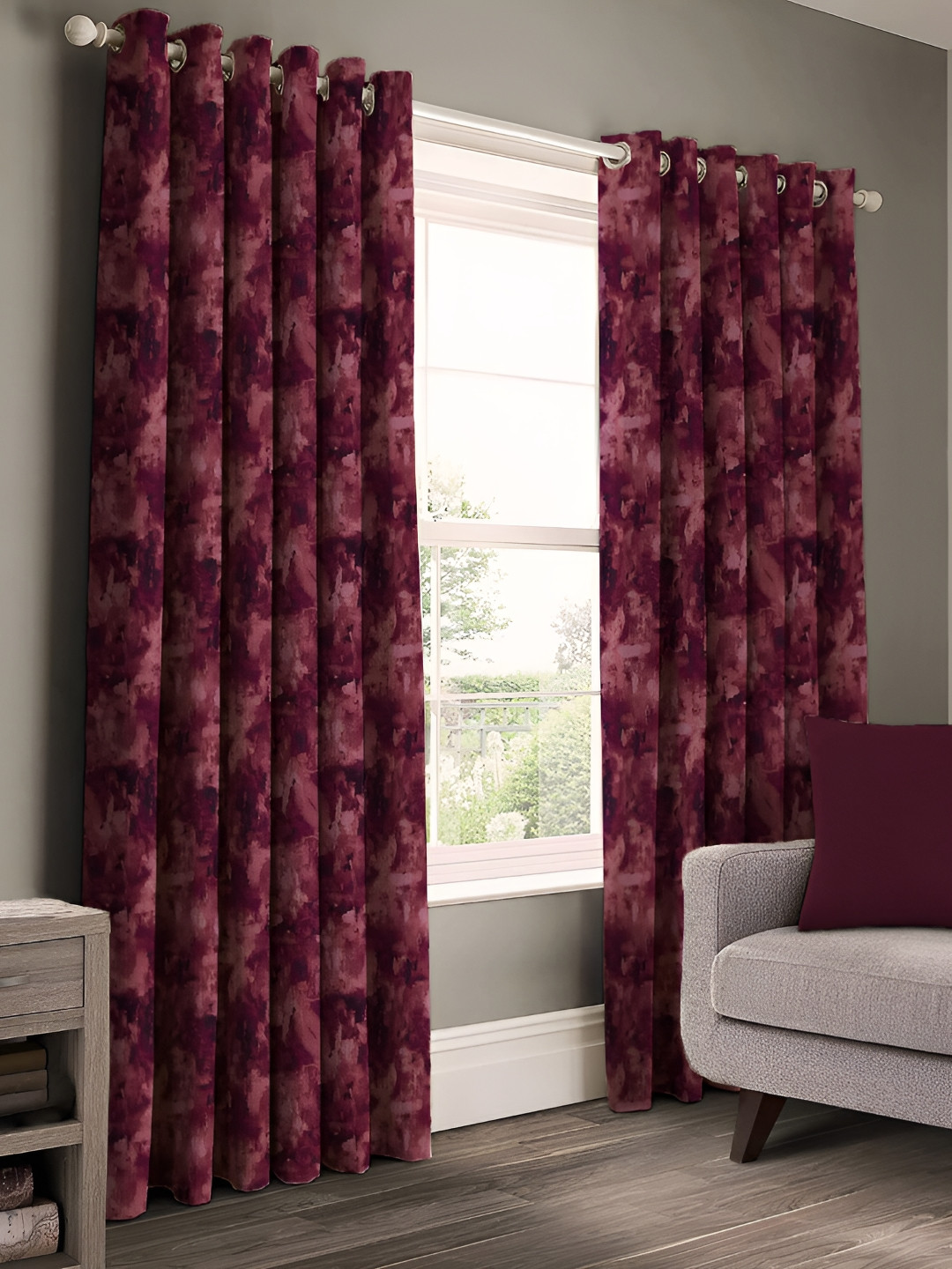 CASABLEU Fuchsia 2 Pieces Floral Black Out Eyelet Door Curtains