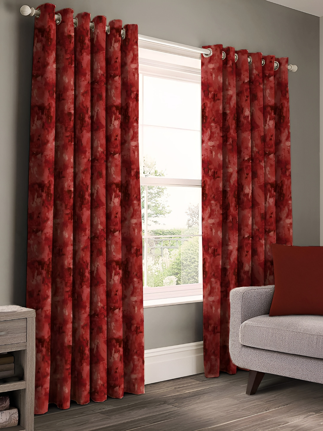 CASABLEU Red 2 Pieces Floral Black Out Eyelet Door Curtains