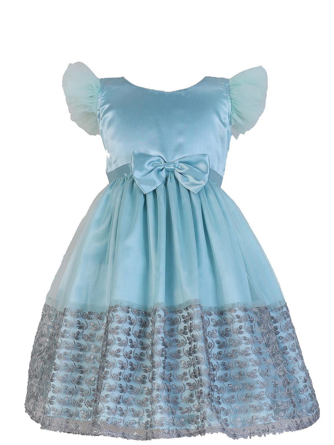 BAESD Girls Floral Embroidered Flutter Sleeves Blue Bow Detail Fit & Flare Dress