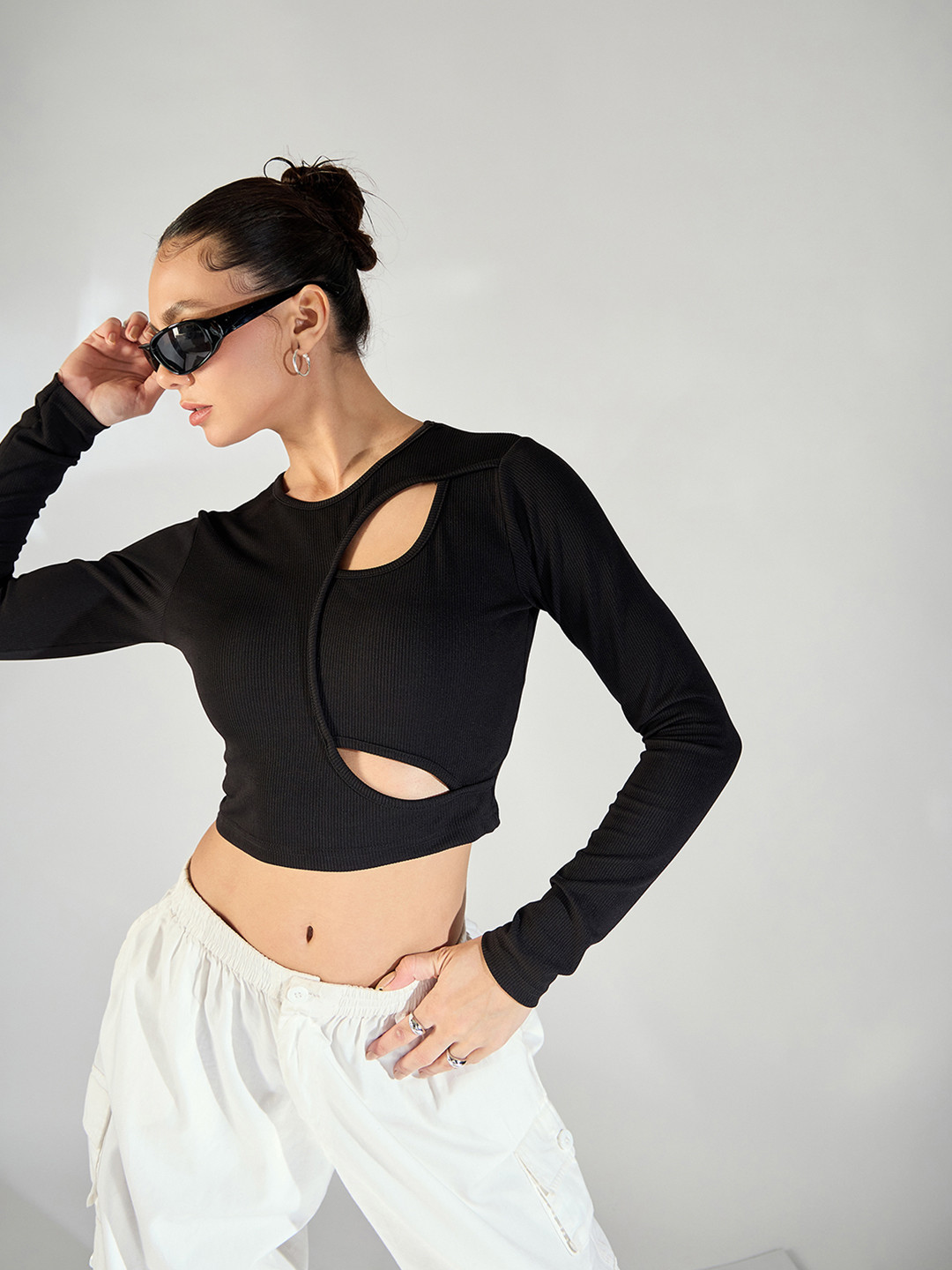 Uptownie Lite Stretchable Ribbed Top with Front Cut Outs