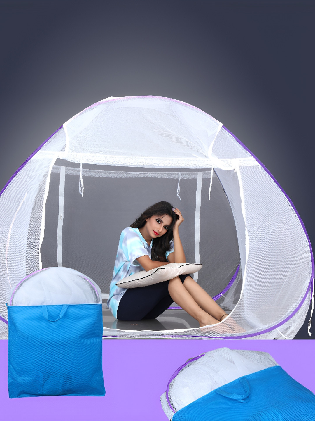 Aetrius White & Purple King Size Double Bed Foldable Tent Mosquito Net