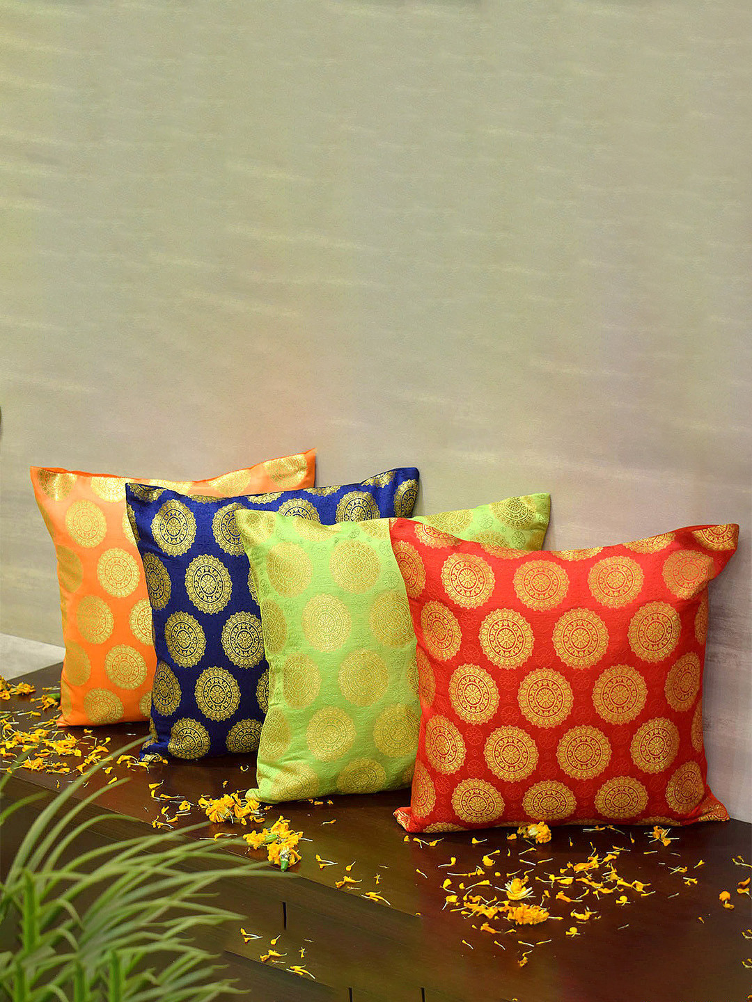 RoyalDeco Mandala Ethnic Motifs Brocade Washable 4 Pcs Cushion Covers - 15.7 x 15.7 In