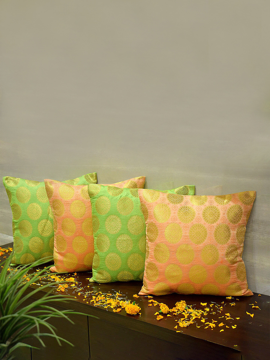 RoyalDeco Coral & Green 4 Pieces Ethnic Motifs Borcade Square Cushion Covers