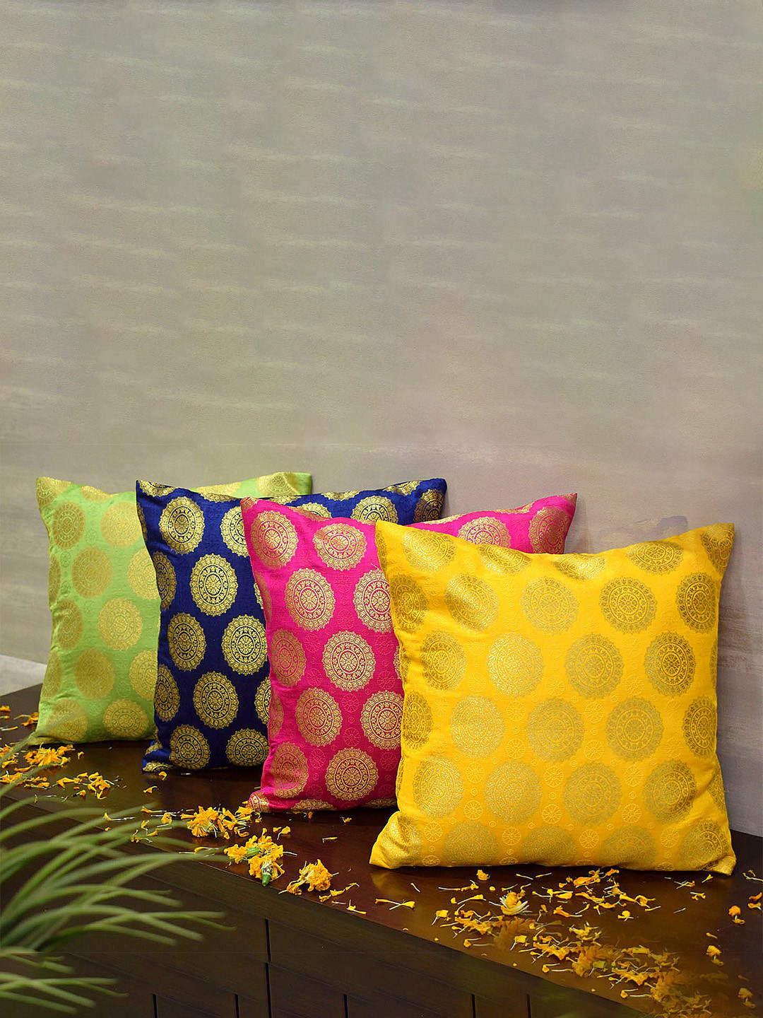 RoyalDeco Mandala Ethnic Motifs Brocade Washable 4 Pcs Cushion Covers - 15.7 x 15.7 Inches