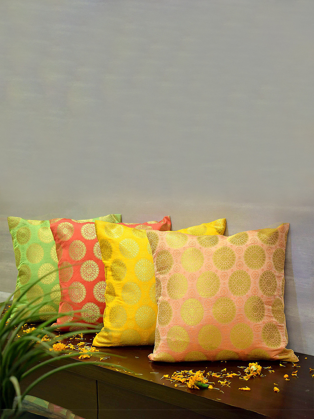 RoyalDeco Coral & Yellow 4 Pieces Ethnic Motifs Borcade Square Cushion Covers