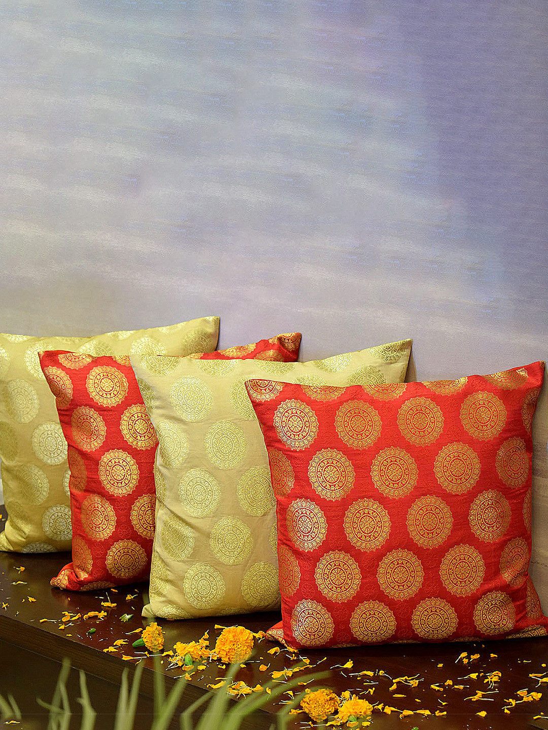 RoyalDeco Mandala Ethnic Motifs Brocade 4 Pcs Textured Cushion Covers - 15.7 x 15.7 In