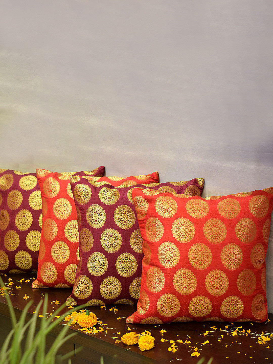 RoyalDeco Mandala Print Brocade Silk Durable 4 Pcs Zari Cushion Covers-16x16In