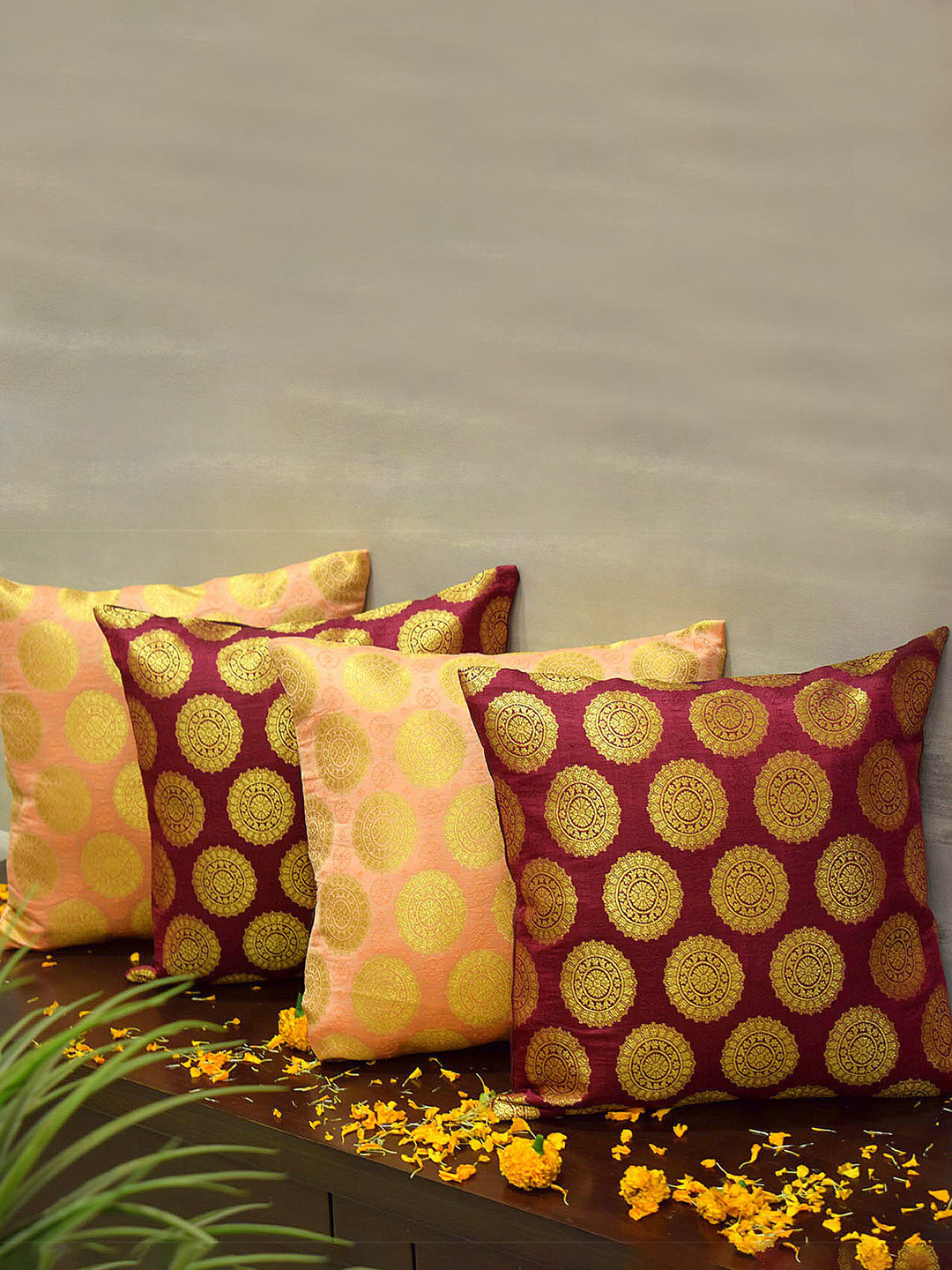 RoyalDeco Burgundy & Coral 4 Pieces Ethnic Motifs Borcade Square Cushion Covers