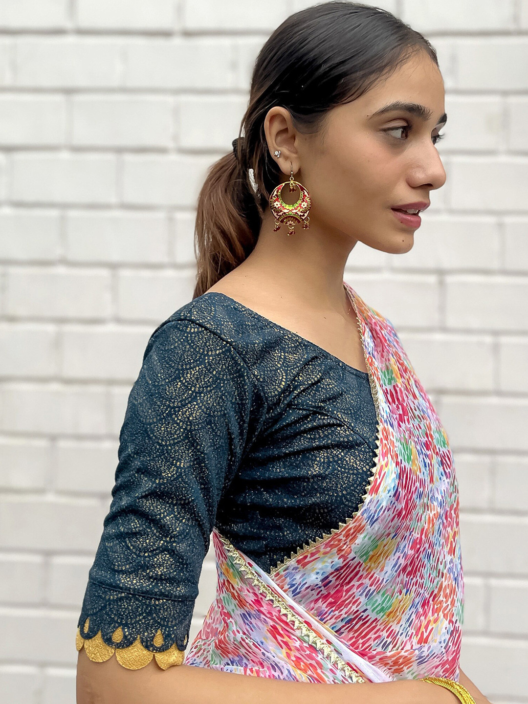Bindigasm's Advi Foil Printed Scallop Sleeves Stretchable Jacquard Saree Blouse