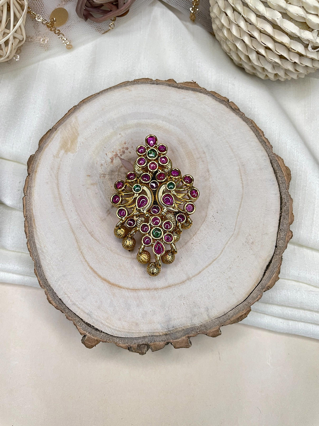 ABDESIGNS Stones-Studded Antique Peacock Saree Pin