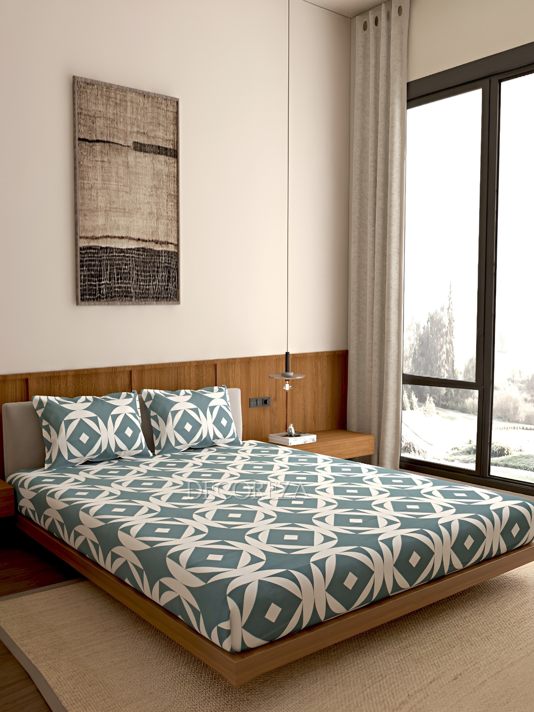 DECOREZA Trangile Grey Geometric Cotton 300 TC Fitted Queen Fine Bedsheet with 2 Pillow Covers-183 x 198 cm