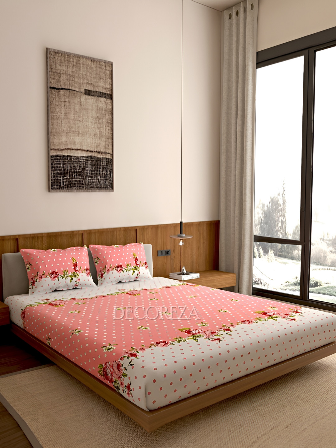 DECOREZA Pink Floral Cotton Dotted 300 TC Fitted Queen Superfine Bedsheet with 2 Pillow Covers-183 x 198 cm