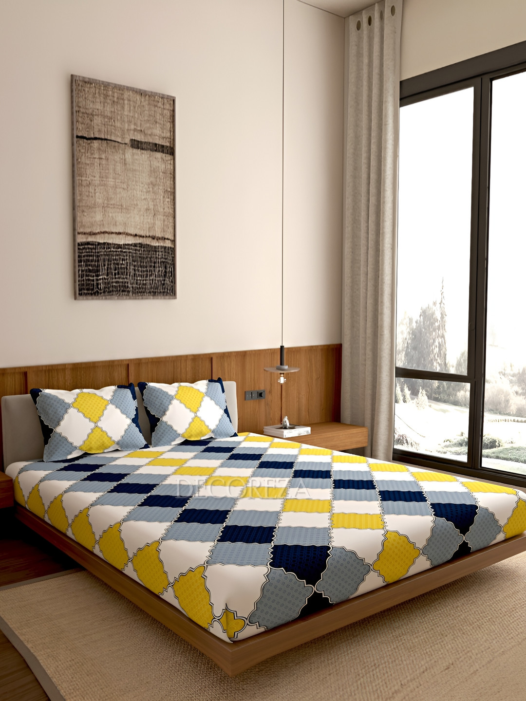 DECOREZA White Geometric Cotton 300 TC Fitted Queen Superfine Bedsheet with 2 Pillow Covers-72 x 78 inches