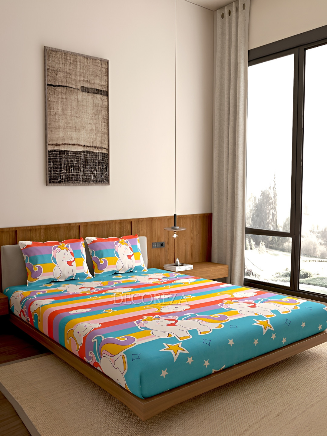 DECOREZA Pink Conversational Cotton 300 TC Fitted Queen Fine Bedsheet with 2 Pillow Covers-72 x 78 inches