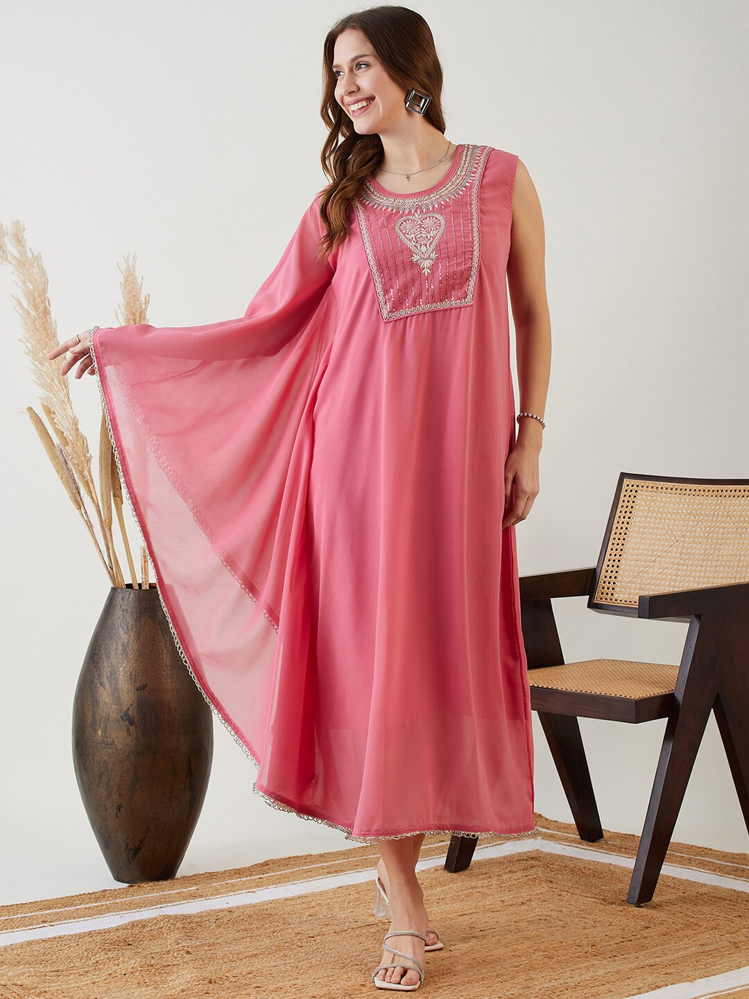 The Kaftan Company Floral Embroidered Asymmetrical Kaftan Midi Dress