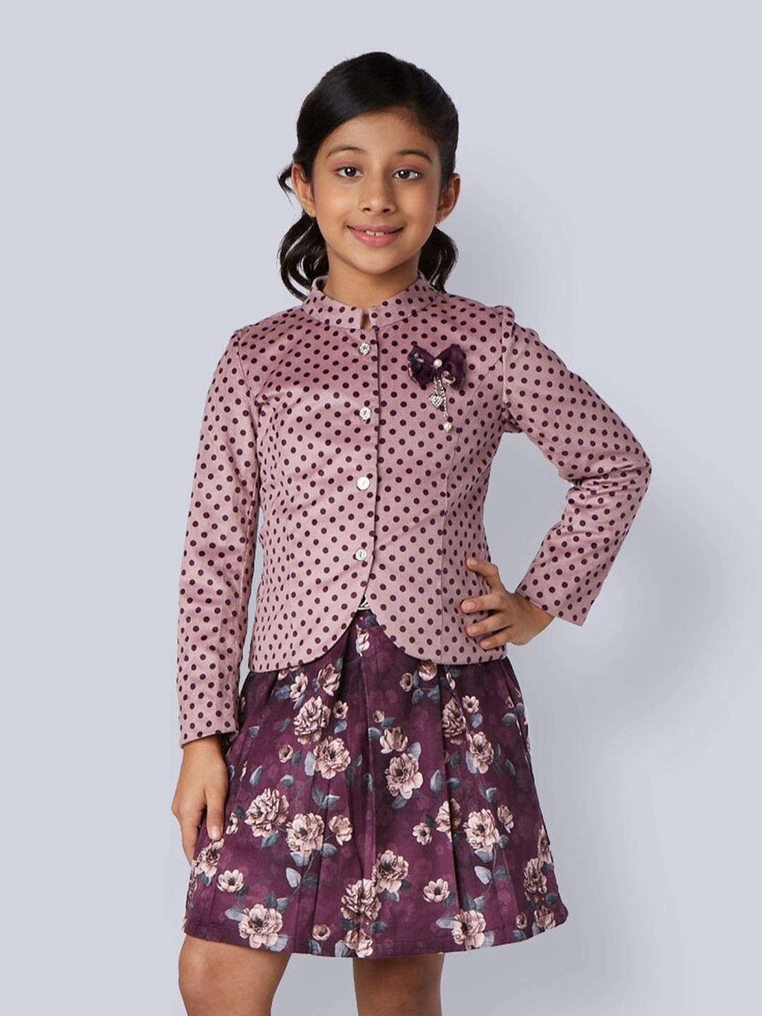 Peppermint Girls Polka Dot Printed long Sleeves Top with Skirt