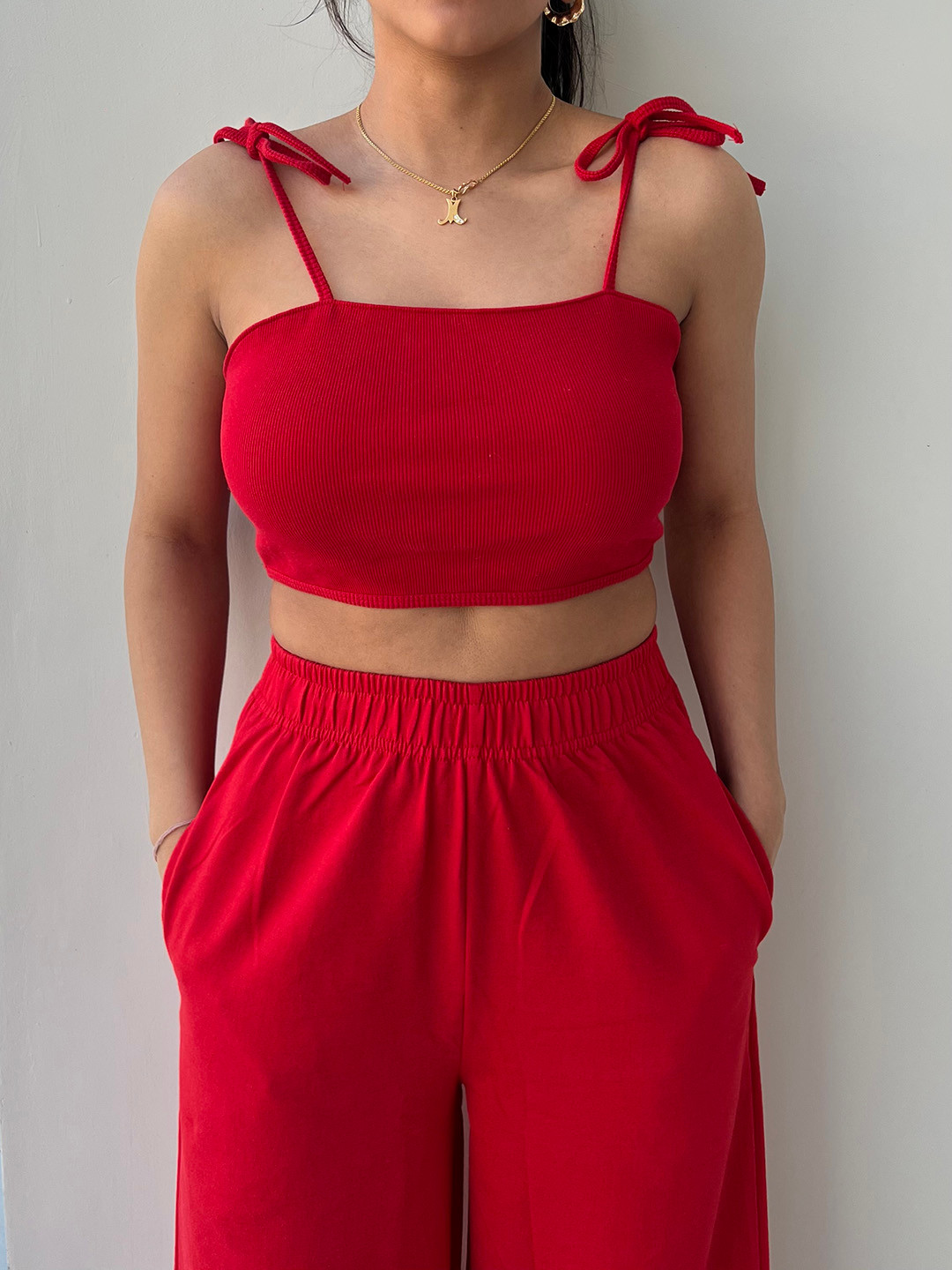 Obleka Ribbed Halter Neck French Terry Top With Flared Palazzos