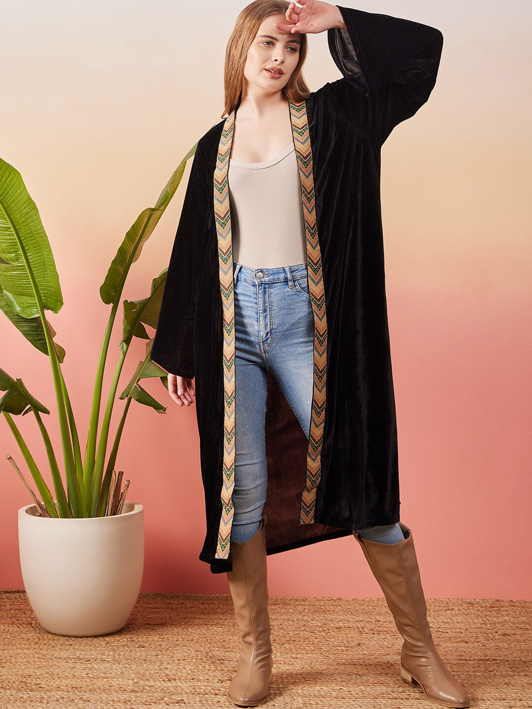 Sangria Open Front Velvet Longline Shrug with Border