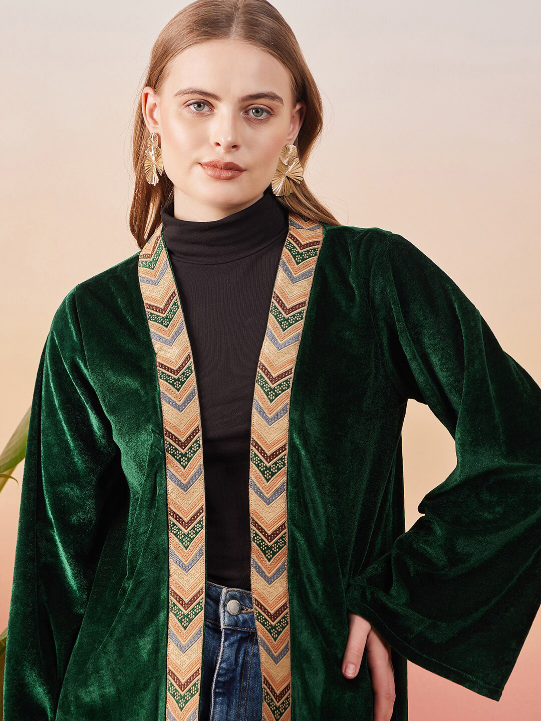 Sangria Open Front Velvet Longline Shrug with Border