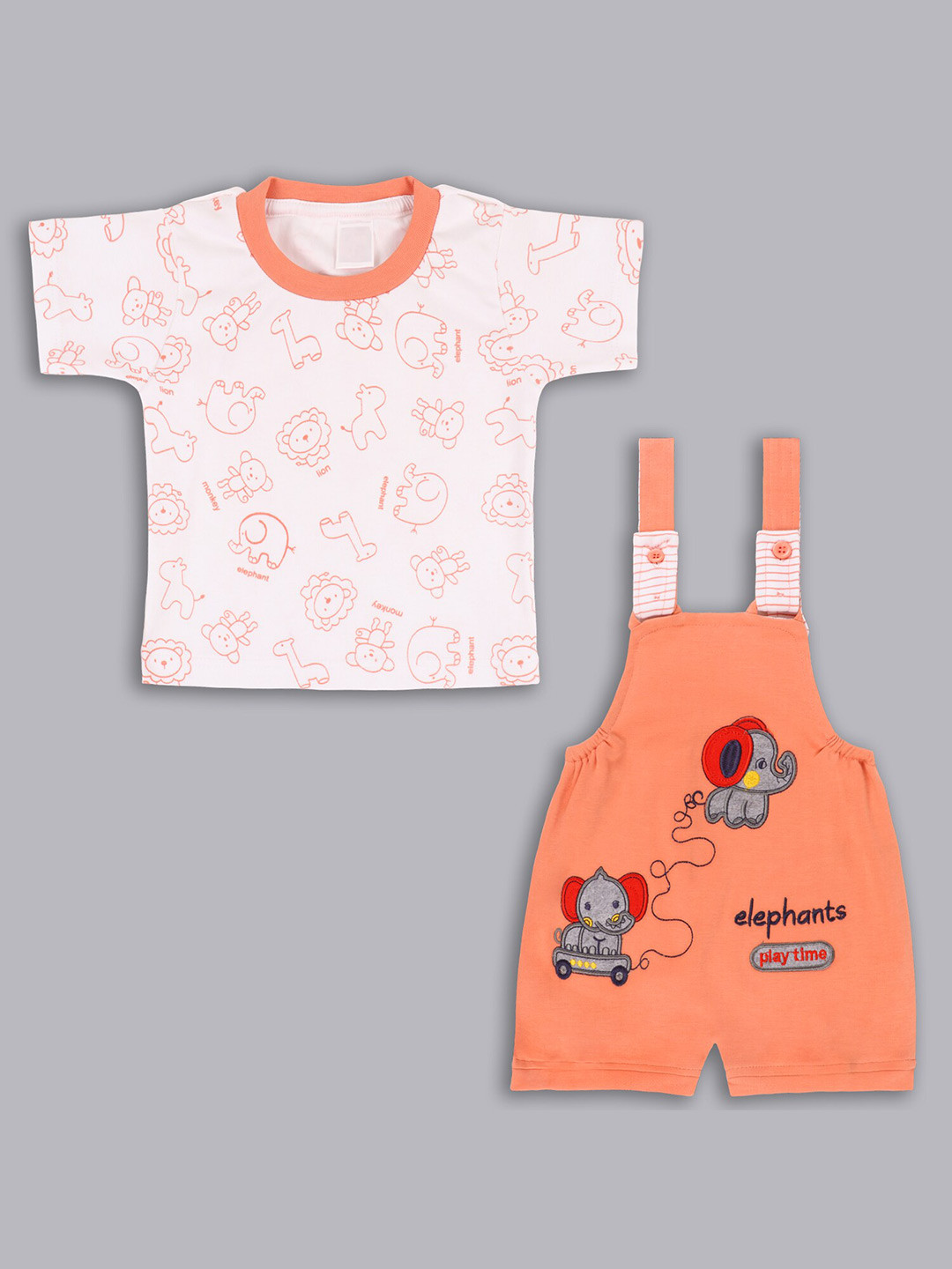 Wish Karo Infant Boys Straight Leg Graphic Embroidered Cotton Dungaree With T-Shirt