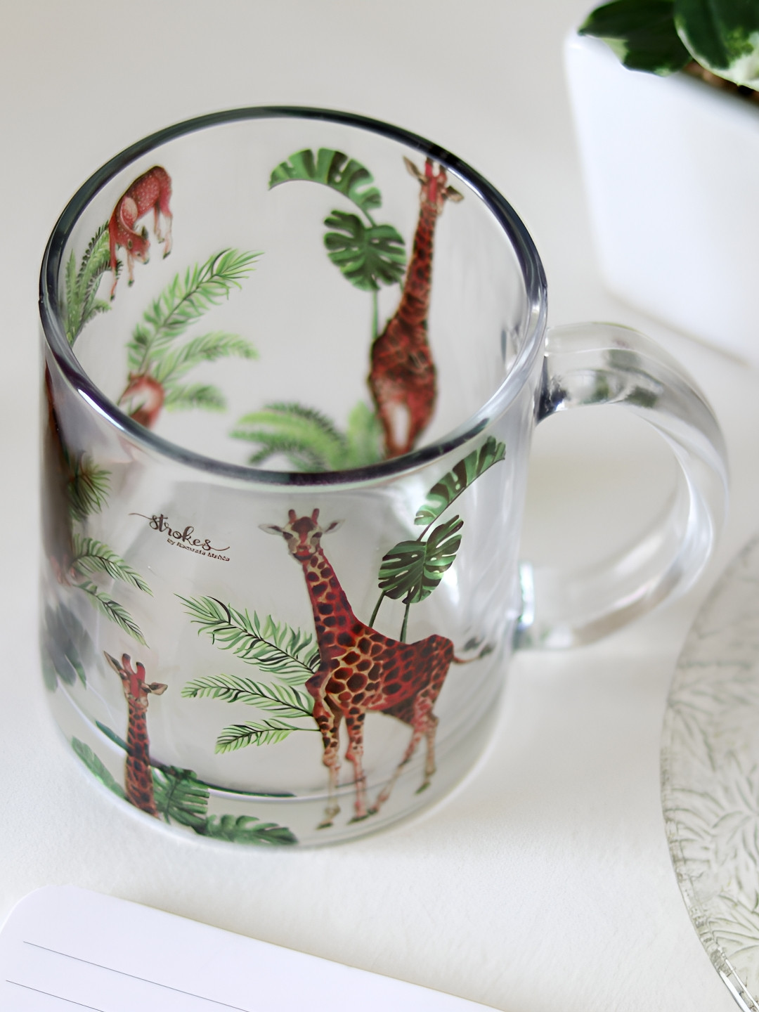 Strokes by Namrata Mehta Green Floral Printed Glass Transparent Mug 350ml