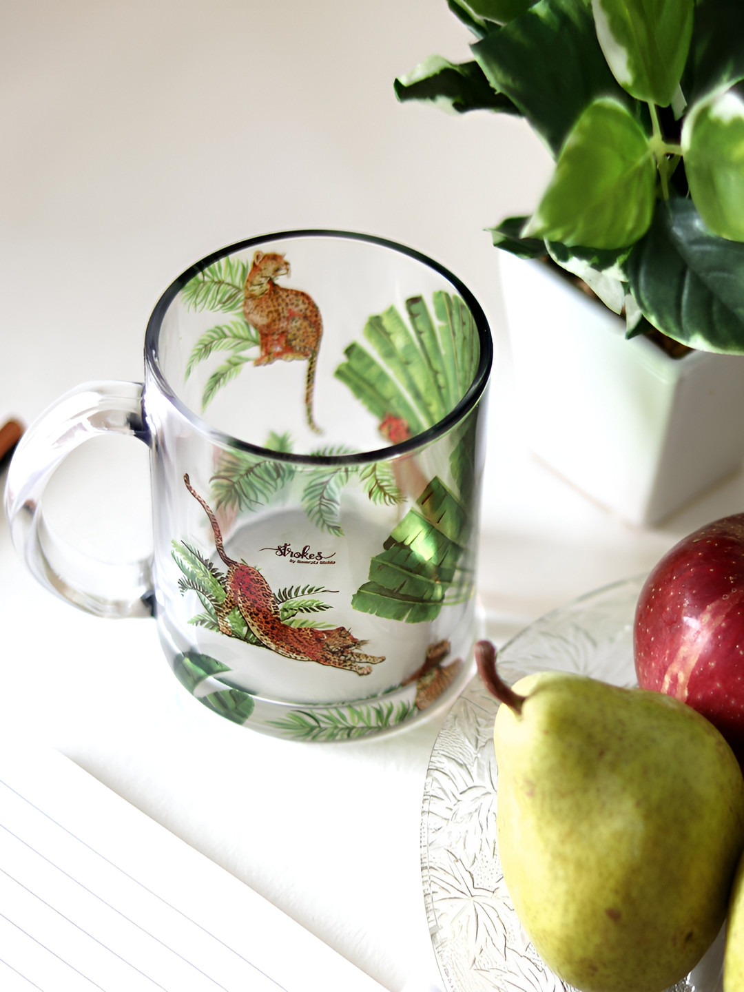 Strokes by Namrata Mehta Green Floral Printed Glass Transparent Mug 350ml