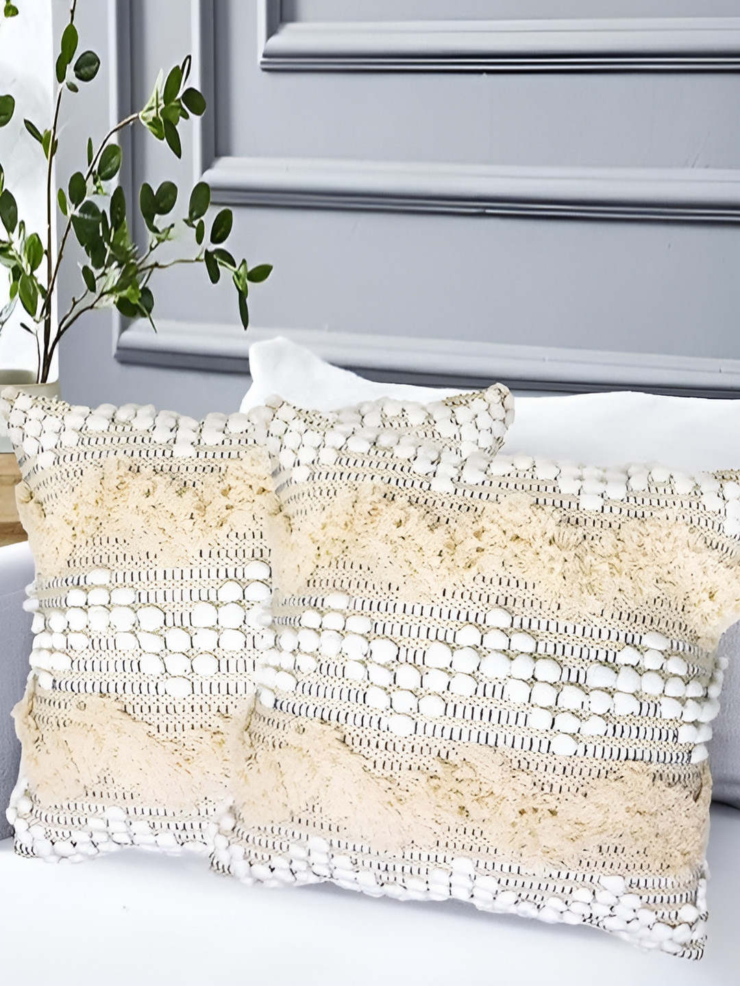 Textile and Beyond Embroidered Cotton 2 Pcs Square Cushion Covers - 16 x 16 In