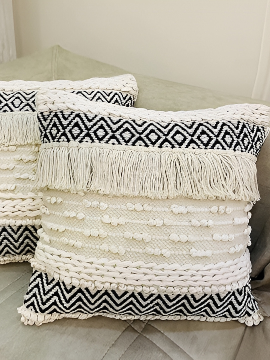 Textile and Beyond Black & Off White 2 Pieces Abstract Cotton Square Cushion Covers