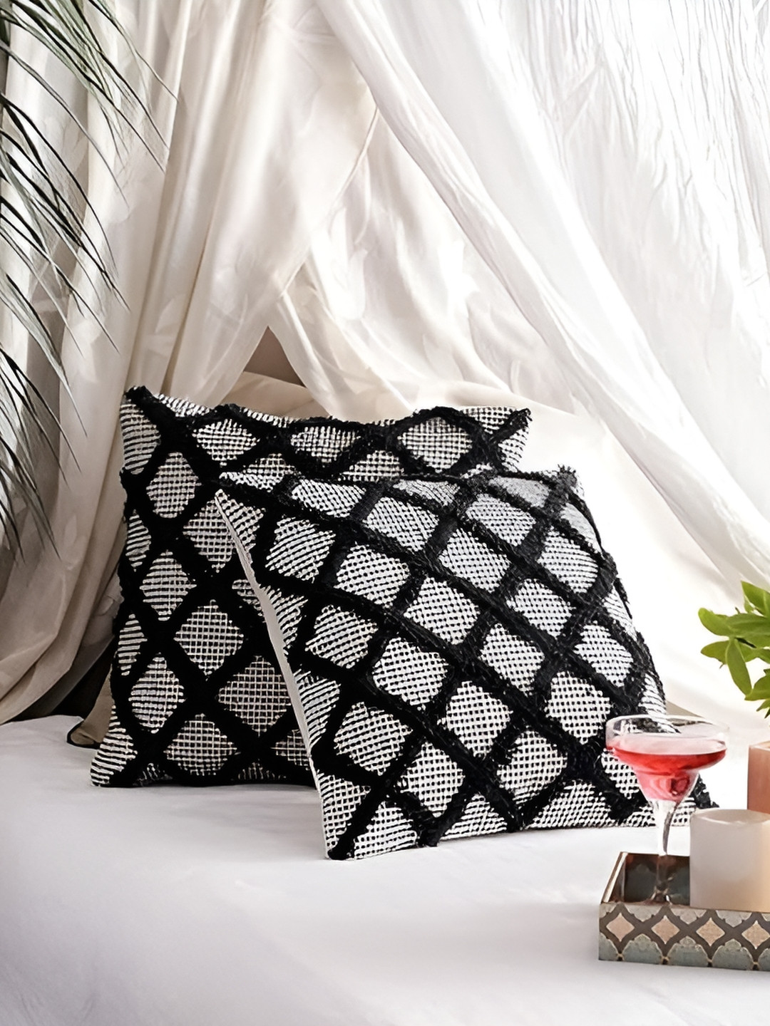 Textile and Beyond Embroidered Cotton 2 Pcs Square Cushion Covers - 16 x 16 In