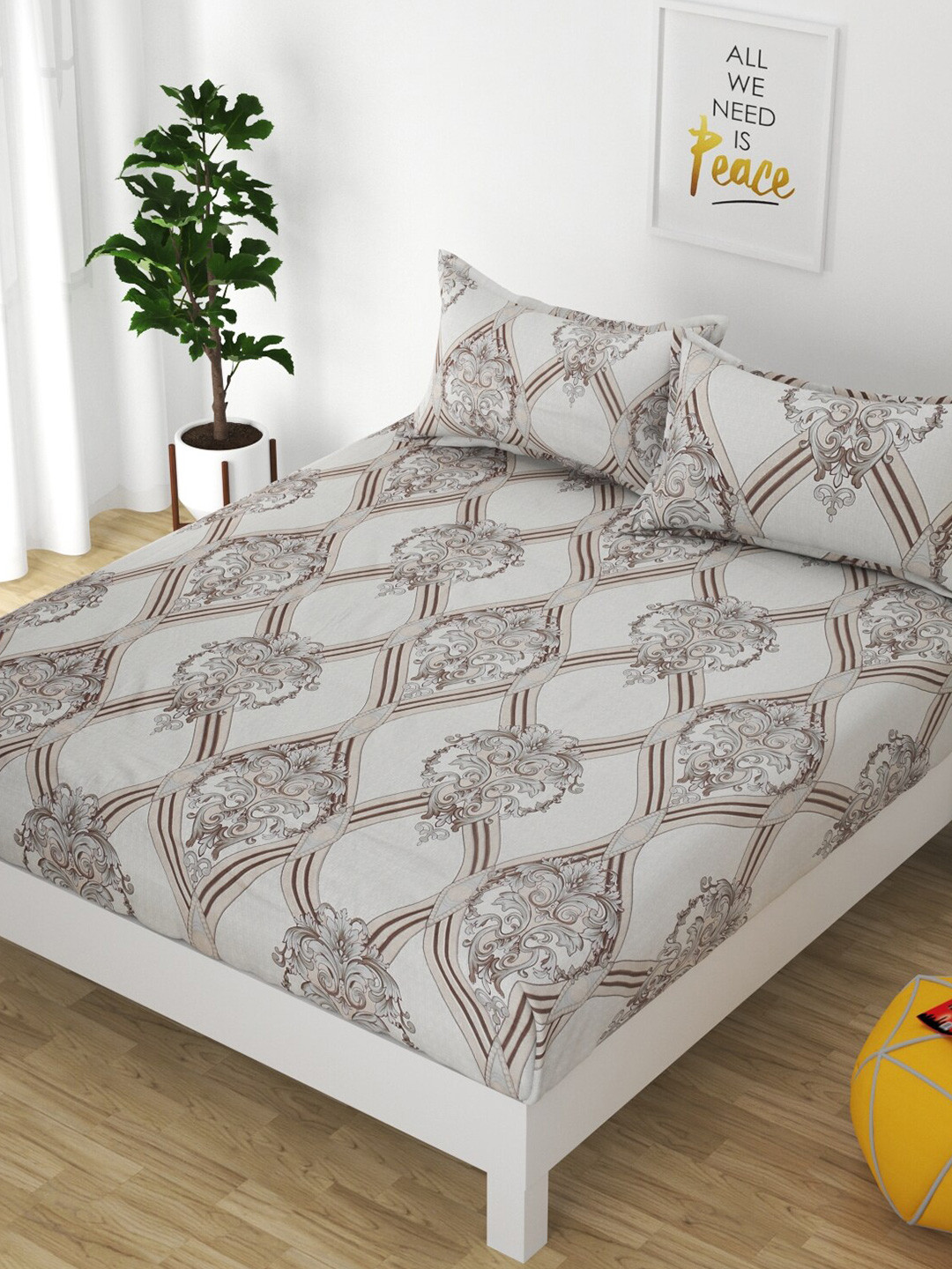 FINE TEX WORLD Mulburry Grey Ethnic Motifs Microfiber 230 TC Fitted King Fine Bedsheet with 2 Pillow Covers-72 x 78 inches
