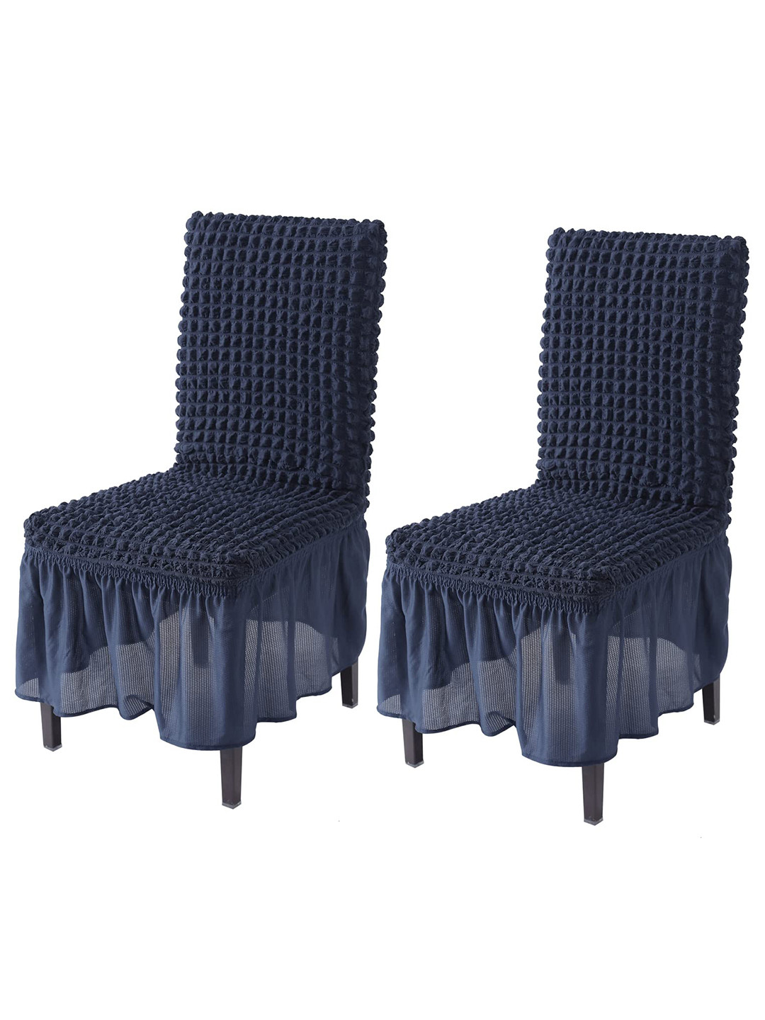 HOKIPO Navy Blue 2 Pieces Bubble Frill Stretchable Chair Covers