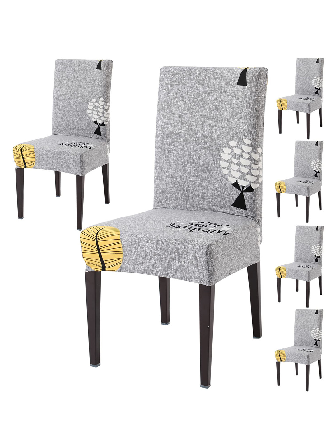 HOKIPO Grey & Yellow 6 Pieces Printed Stretchable Dining Chair Covers