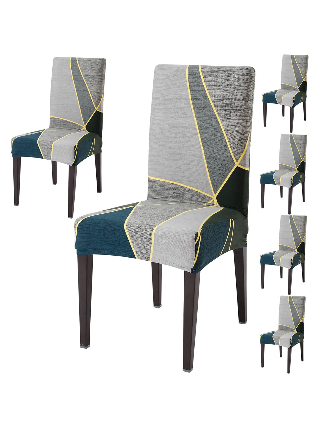 HOKIPO Green & Grey 6 Pieces Printed Stretchable Chair Covers