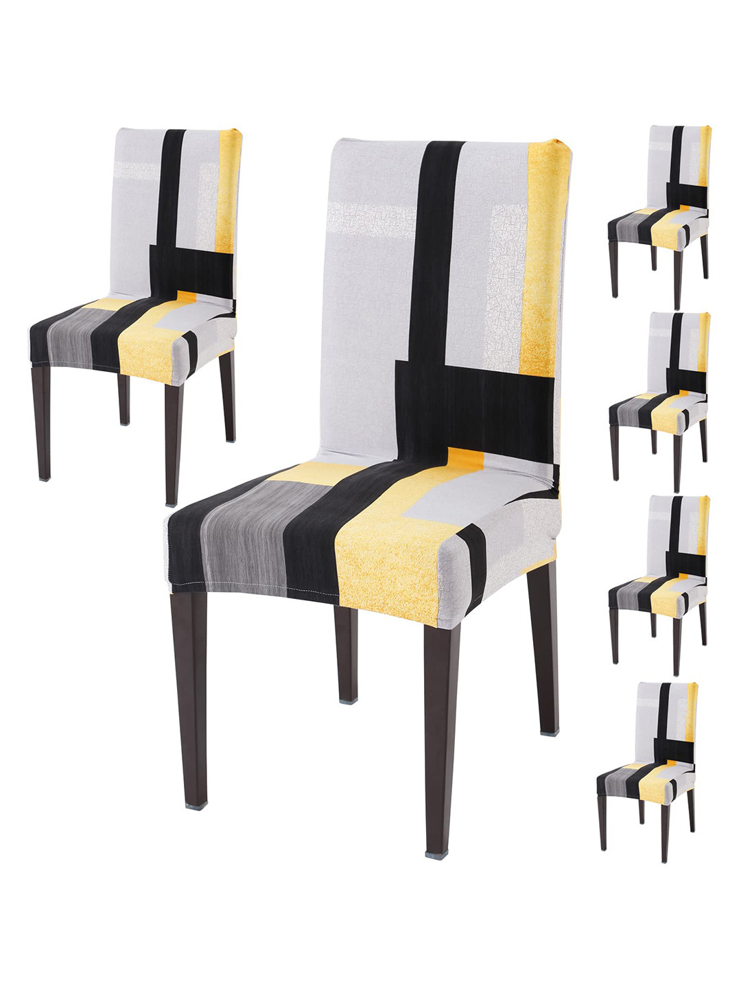 HOKIPO Yellow & Grey 6 Pieces Printed Stretchable Chair Dining Covers