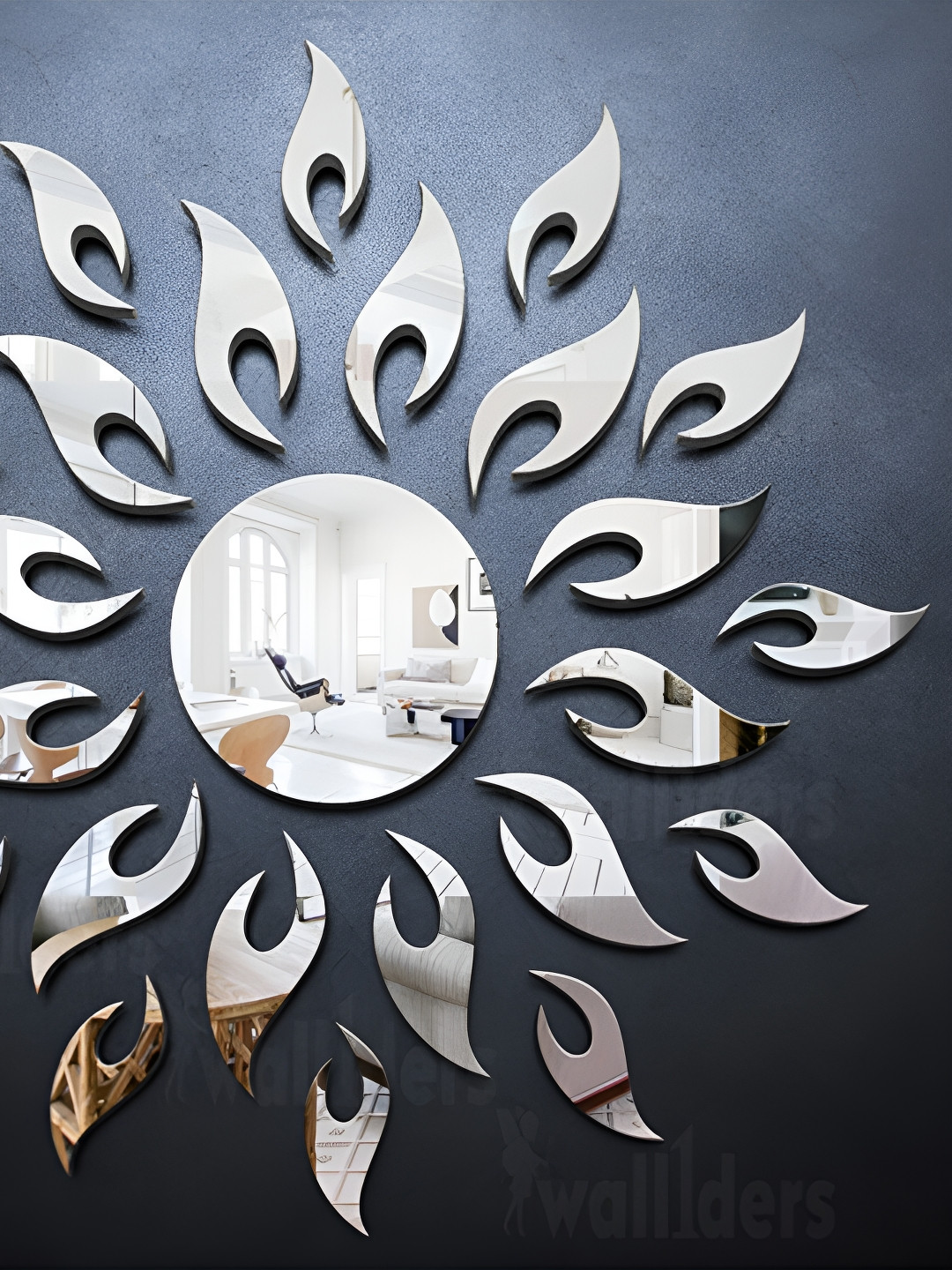 Wall1ders Silver Toned 25 Pieces Acrylic Sun Mirror Wall Stickers